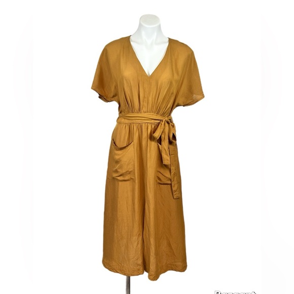 Madewell Mustard Linen-Blend Dolman Sleeve Tie-Waist Midi Dress — Size 8 - Picture 4 of 8